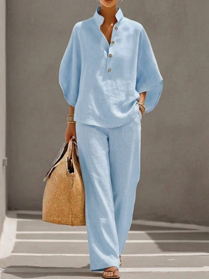 Lorena | Cotton-Linen Batwing Top and Wide-Leg Trousers Set