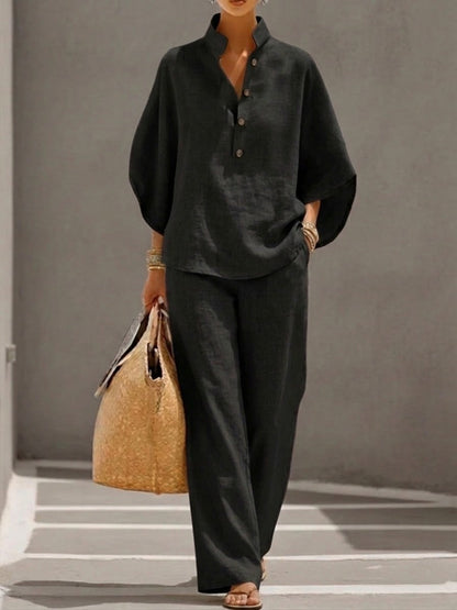 Lorena | Cotton-Linen Batwing Top and Wide-Leg Trousers Set