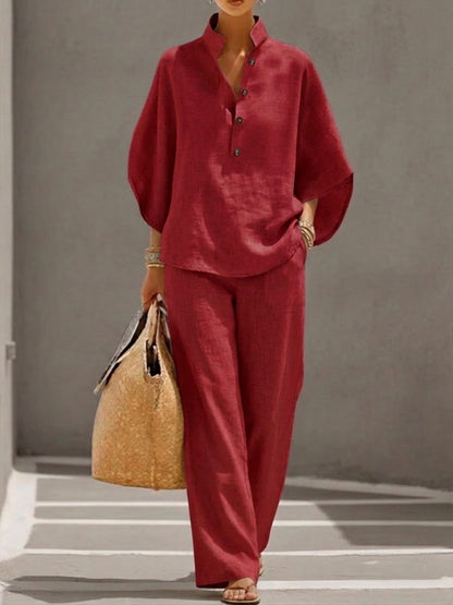 Lorena | Cotton-Linen Batwing Top and Wide-Leg Trousers Set