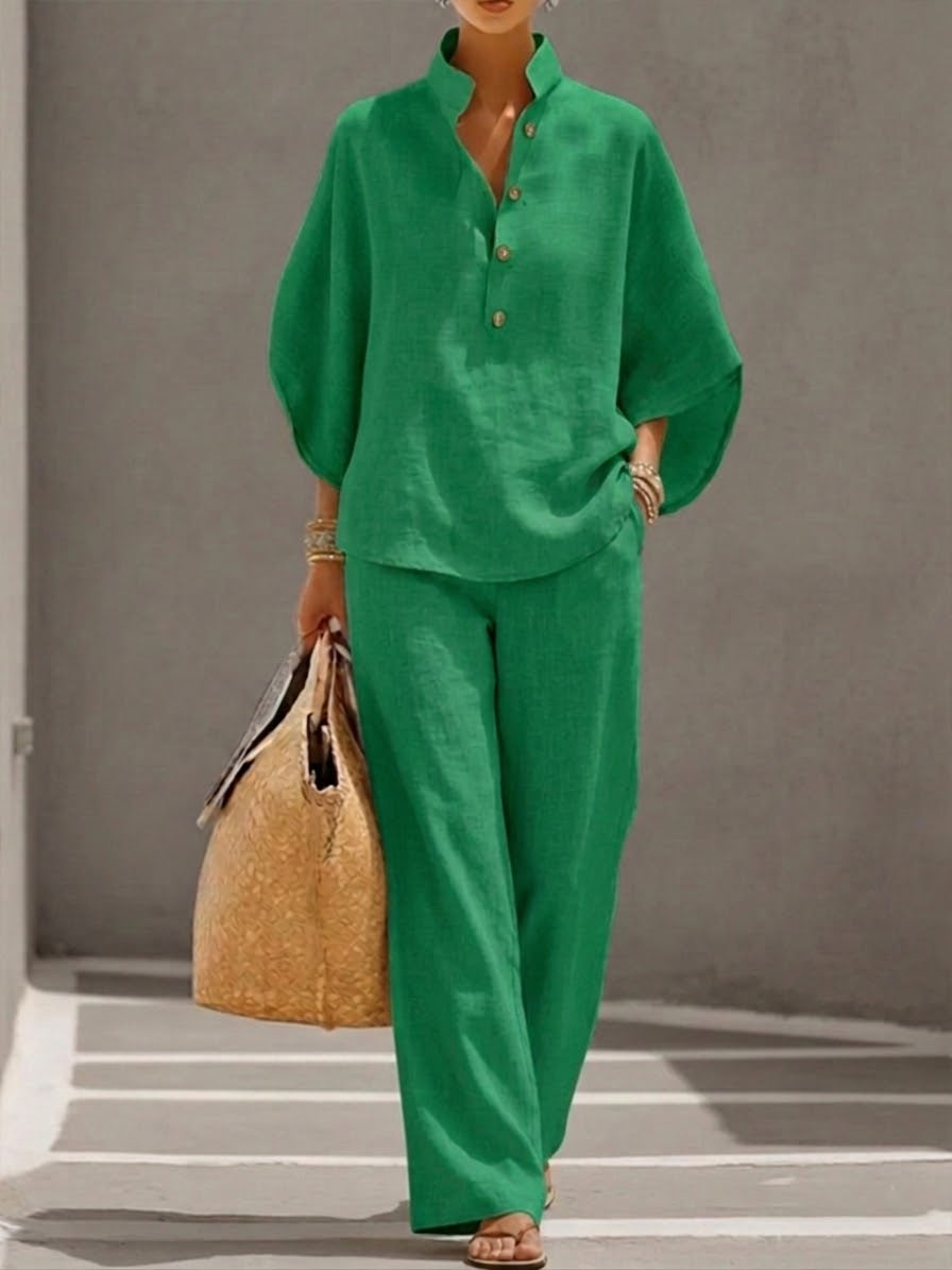 Lorena | Cotton-Linen Batwing Top and Wide-Leg Trousers Set