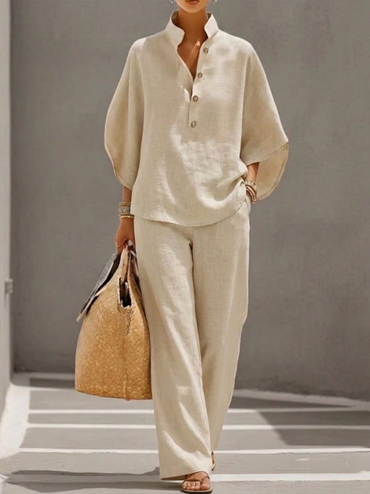 Lorena | Cotton-Linen Batwing Top and Wide-Leg Trousers Set