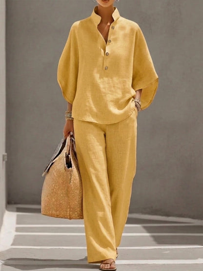 Lorena | Cotton-Linen Batwing Top and Wide-Leg Trousers Set